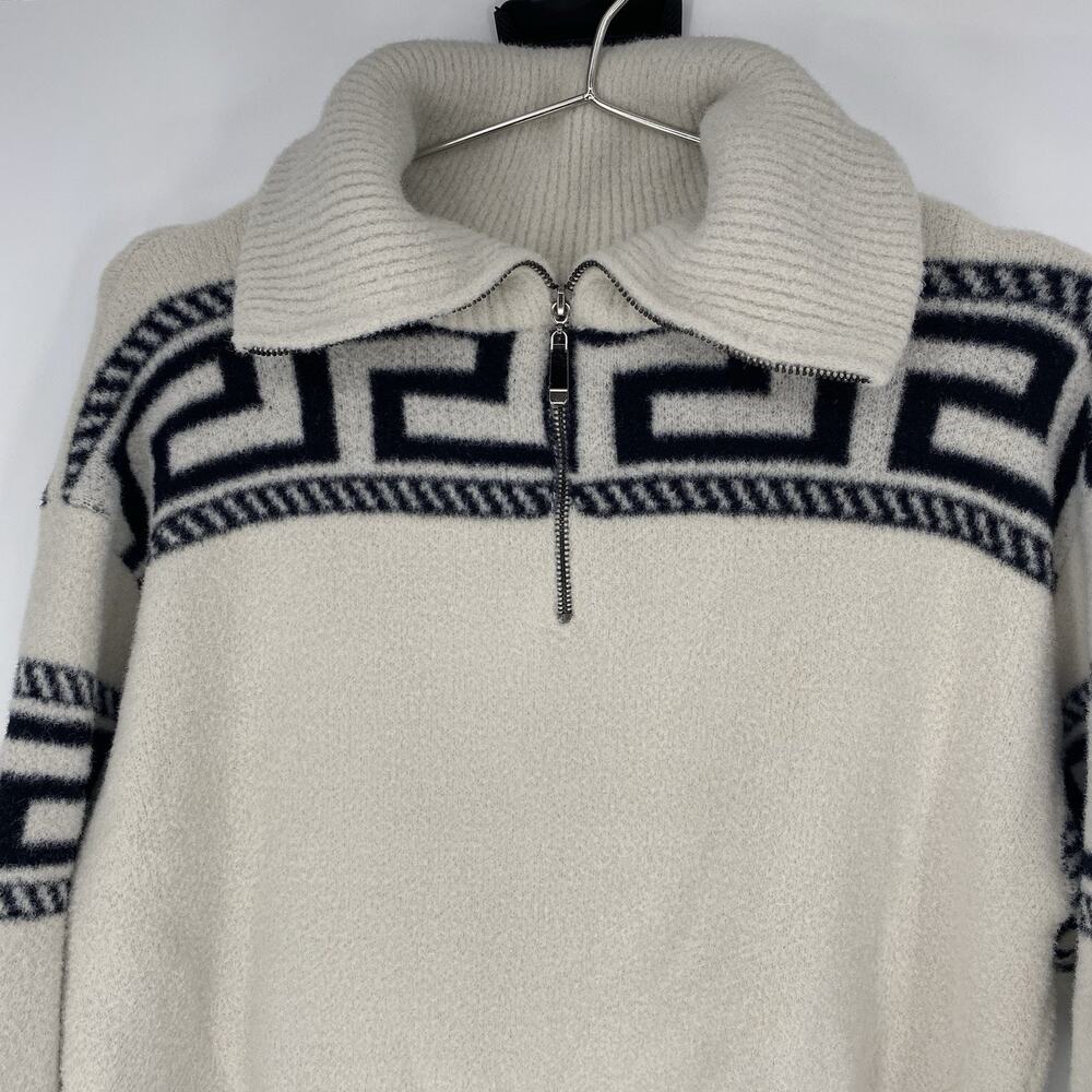 Aqua Greek Key Quarter Zip Sweater White Navy Oversized Womens Small - Picture 7 of 7